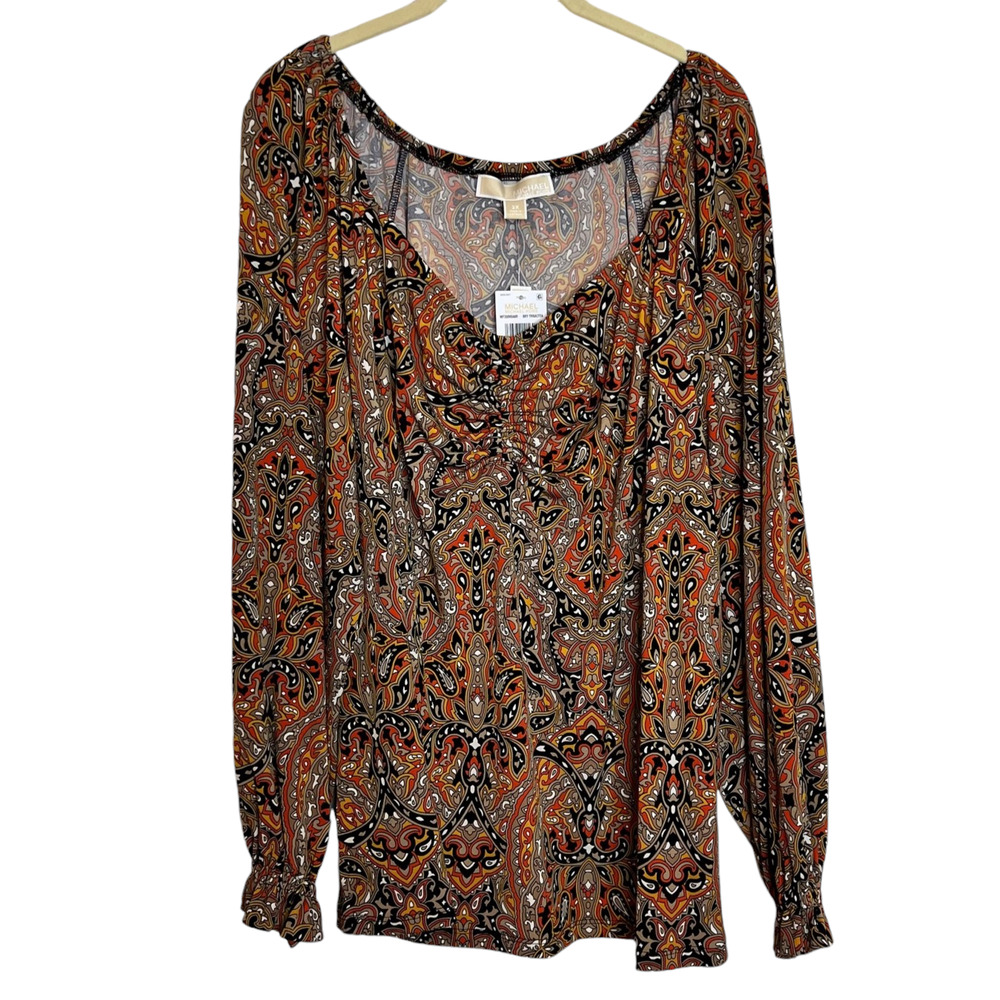 Michael Michael Kors Womens Paisley Ruched Top 2X Orange Black Autumn NEW $88